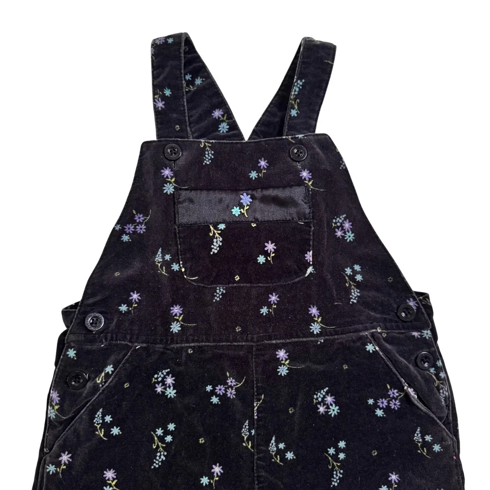 Vintage 90's Cherokee Overalls 5T Black Floral Velvet Embroidered Satin Trim
